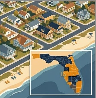 Aerial view of Florida beach rental neighborhood showing county jurisdiction boundaries