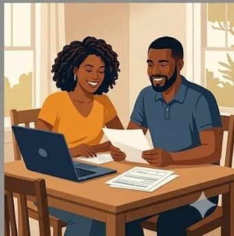 Couple reviewing vacation rental permit paperwork together with laptop