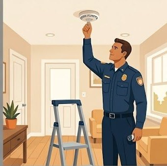 Fire inspector checking smoke detector in vacation rental interior