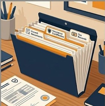 Organized accordion file folder with labeled tabs for permit documents, insurance certificates and tax records