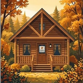 Mountain vacation cabin with approved STR permit sign on door surrounded by autumn foliage